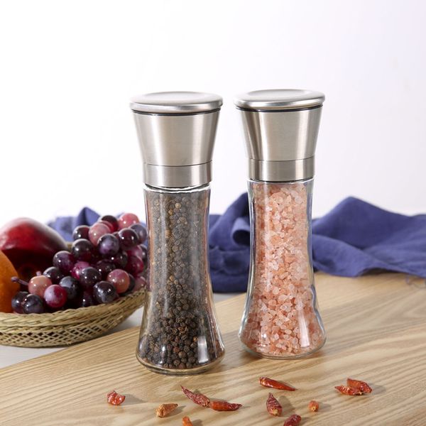 Stainless steel and glass salt and pepper mills with adjustable ceramic grinding mechanism