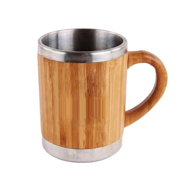 Stainless steel bamboo coffee mugs with handles and lids, perfect for camping, eco-friendly insulated travel cups for tea or coffee