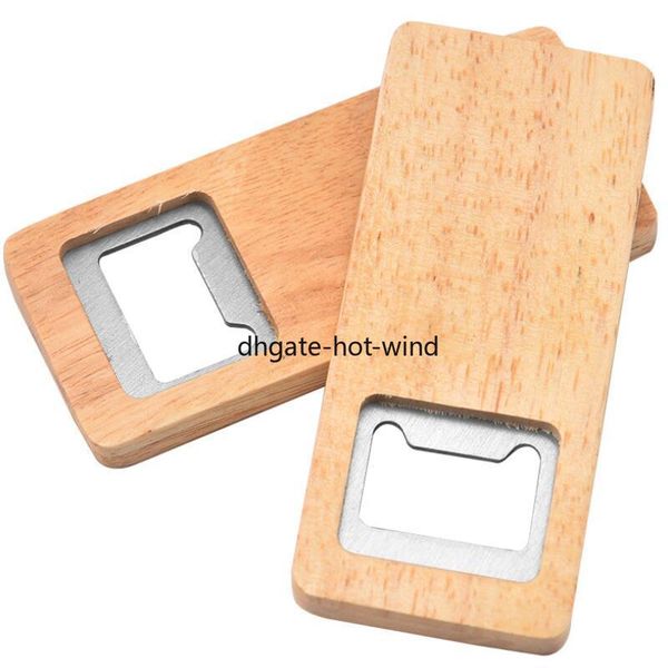 Stainless steel beer opener with a square wooden handle, perfect for bars, kitchens, or as a party gift