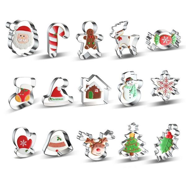 Stainless steel biscuit molds for DIY Christmas cookies, featuring elk, Santa, and snowflake cake baking designs