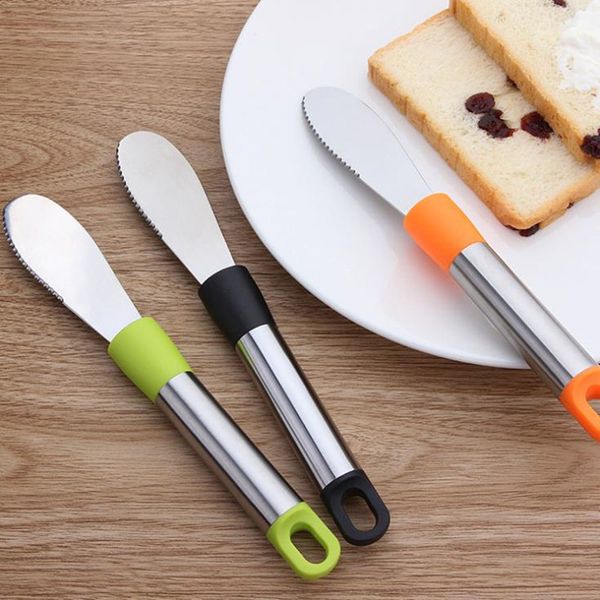Stainless steel butter knife with scraper and spreader for jam, cheese, and fondue