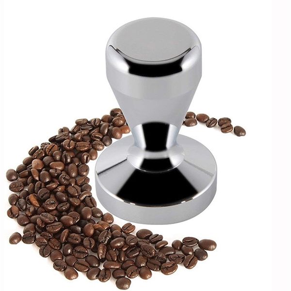 Stainless steel coffee tamper in 49mm, 51mm, 57.5mm, and 58mm sizes for barista espresso preparation