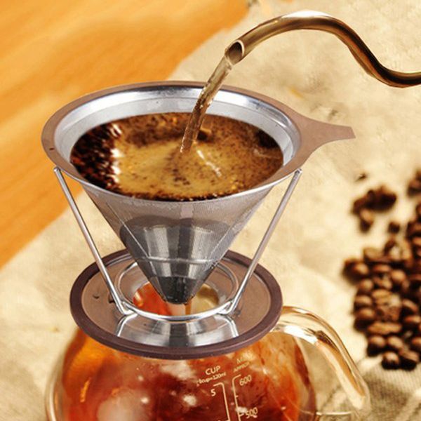 Stainless steel cone-style coffee filter baskets, reusable mesh strainers for pour-over coffee makers with stand holders