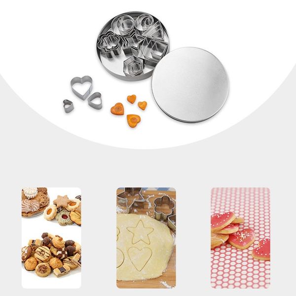Stainless steel cookie cutters with plunger for DIY baking, featuring star and heart shapes for pastry stencils