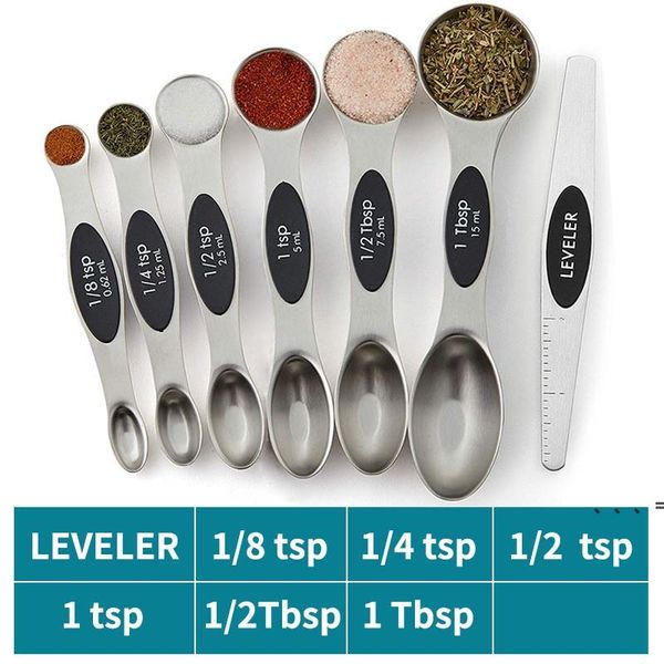 Stainless steel dual-sided magnetic measuring spoon set with leveler for precise cooking and baking measurements