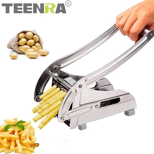 Stainless steel french fry cutter with dual blades for slicing potatoes into chips