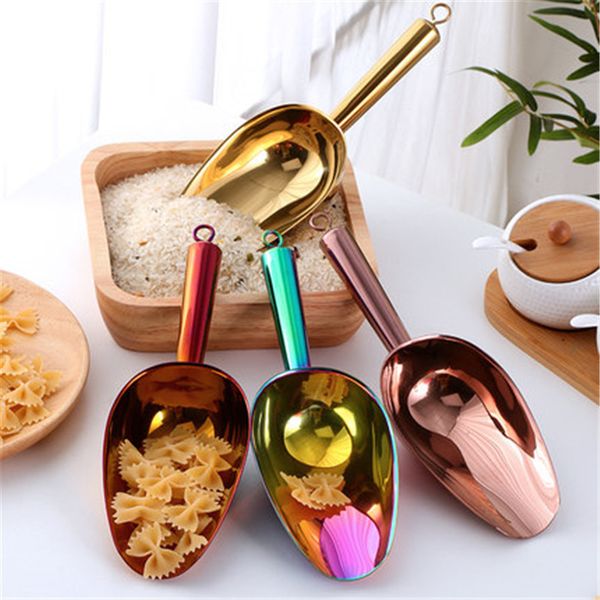 Stainless steel gold scraper for dry food, flour, candy, spices, or buffet serving, ideal for weddings and kitchen use