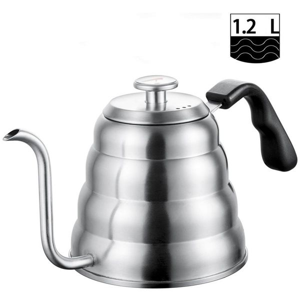 Stainless steel gooseneck kettle with thermometer, ideal for pour-over coffee, stovetop compatible, 1.2L capacity