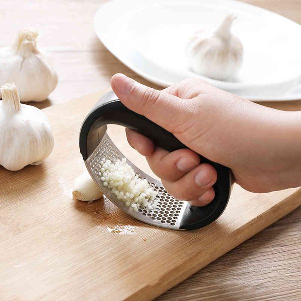 Stainless Steel Handheld Garlic Press for Kitchen - Manual Rocker Mincer, Ginger Crusher Tool