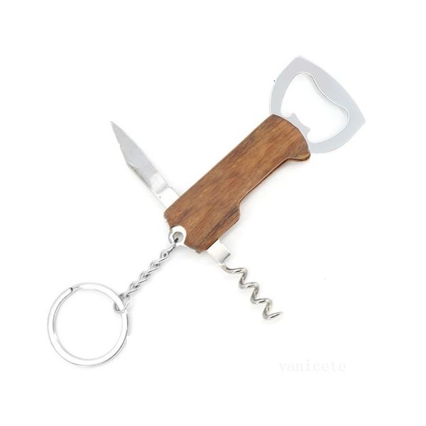 Stainless steel keychain with a wooden handle, featuring a bottle opener, knife, and double-hinged corkscrew for bar tools