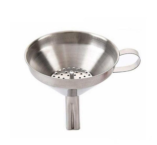 Stainless steel kitchen funnel with removable strainer for liquids like oil and honey