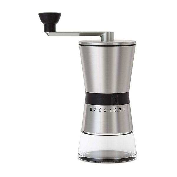 Stainless steel manual coffee grinder with ceramic conical burr, portable hand crank mill featuring 15 adjustable settings
