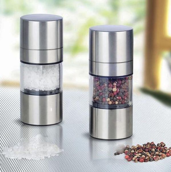 Stainless steel manual salt and pepper grinder, a portable kitchen tool for milling spices at home