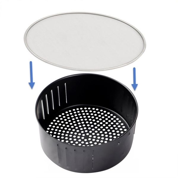 Stainless steel oil splatter guard for air fryers, preventing grease splashes during frying and baking