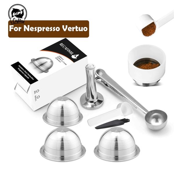 Stainless steel reusable coffee capsule compatible with Nespresso Vertuoline machines GCA1 and ENV135, featuring a refillable filter for 210712 dosing