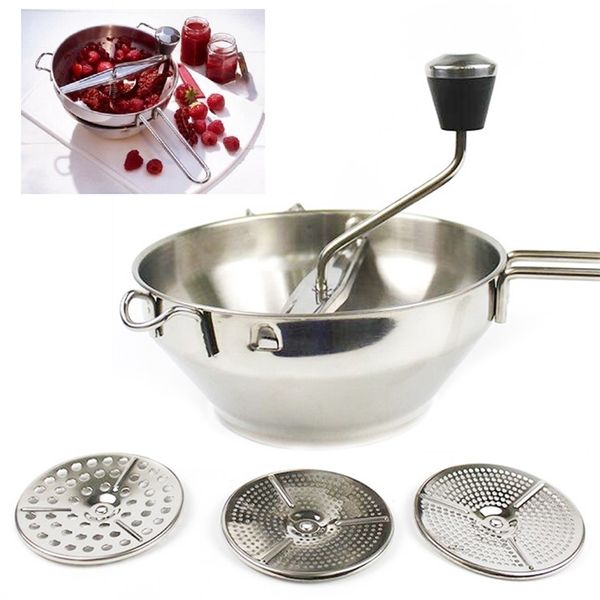 Stainless steel rotary food mill ideal for pureeing vegetables, tomatoes, and making soups – a creative kitchen tool