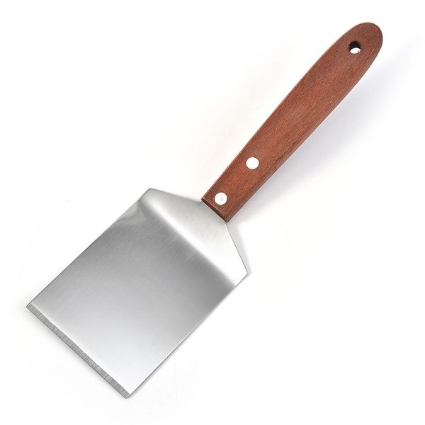 Stainless steel spatula with wooden handle for grilling and flipping steak, pancakes, and pizza