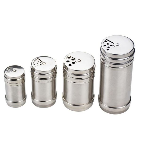 Stainless steel spice shaker set with 4 sizes, rotary multifunctional seasoning bottles for kitchen and BBQ use
