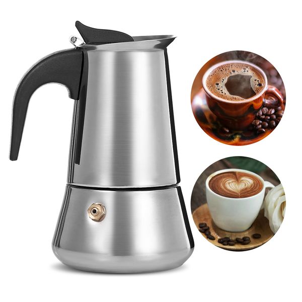 Stainless steel stovetop espresso maker for mocha and latte with a built-in filter