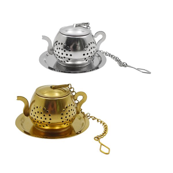 Stainless steel tea infuser with chain and drip tray for loose herbs and spices