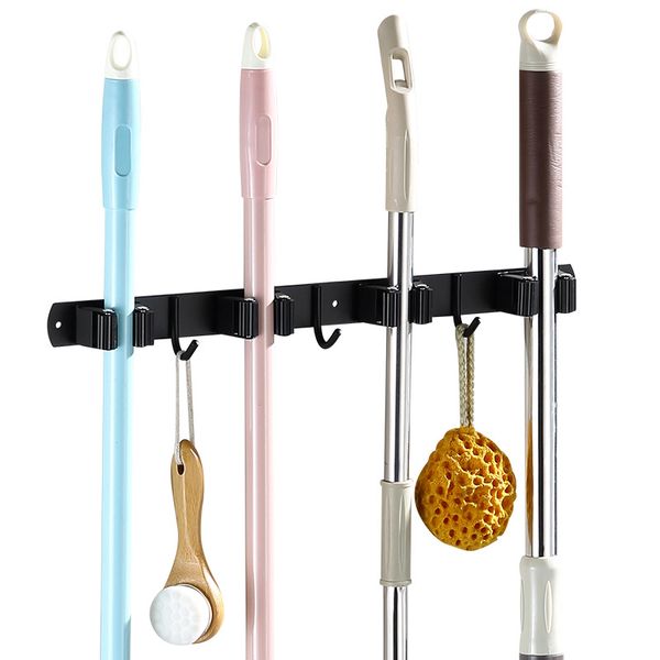 Stainless steel wall-mounted mop and broom holder with 5 racks and 4 hooks for organizing tools in kitchen, garage, or garden