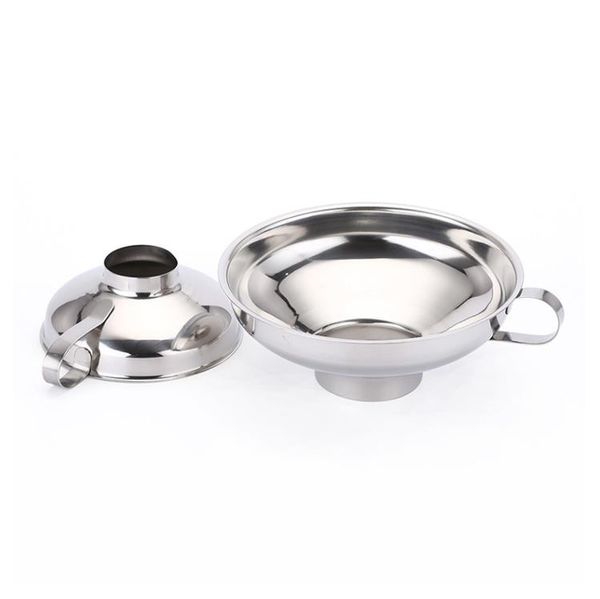 Stainless steel wide-neck funnel for canning, filtering liquids like oil, wine, and jam in kitchen use
