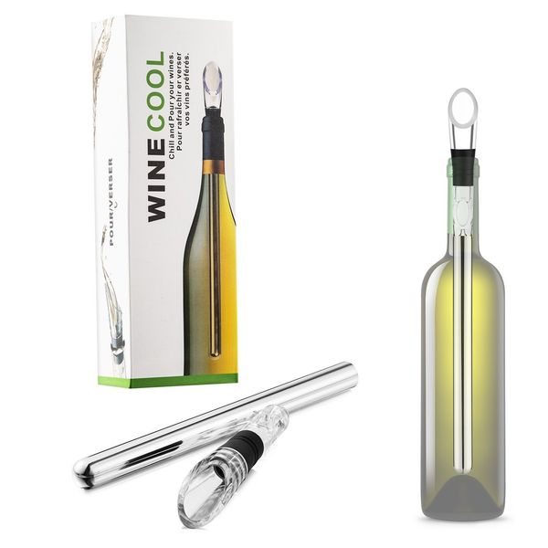 Stainless steel wine chiller stick with pourer for cooling beverages, frozen ice bar tool in box packaging
