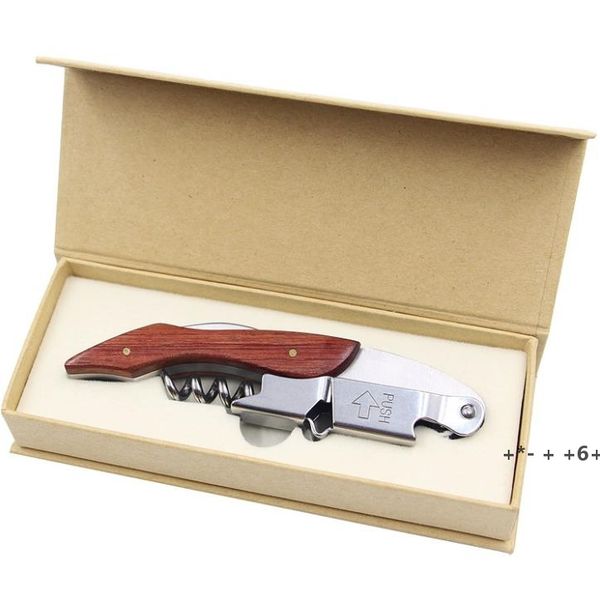Stainless steel wine opener featuring a hippocampal knife and wooden handle, a professional corkscrew tool ideal for gifting or kitchen use