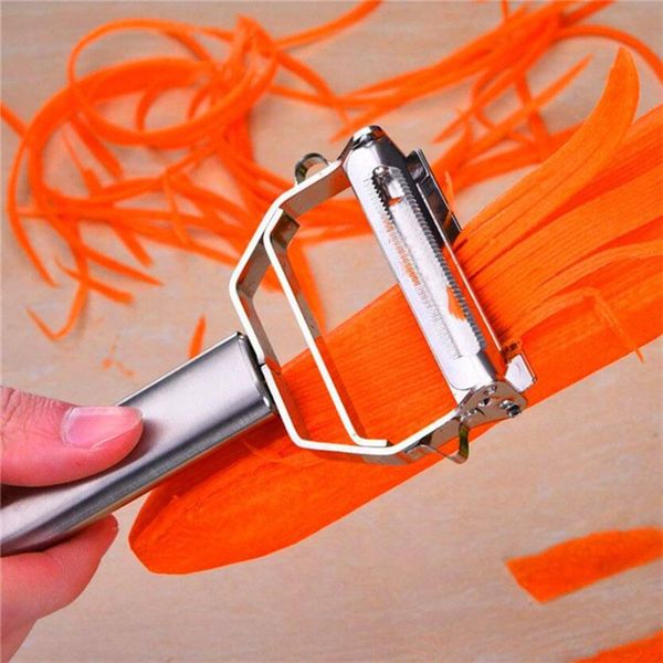 Steel multi-purpose peeler for fruits and vegetables, including cucumber cutter, potato knife, carrot grater, and shredder slicer