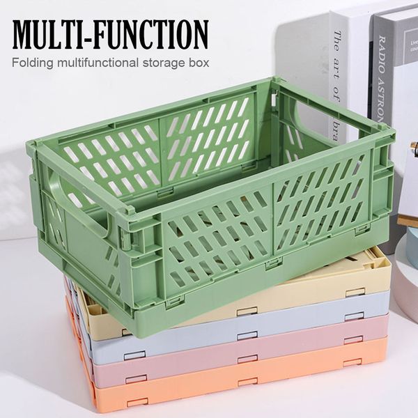 Storage basket with foldable hollow rectangular design for organizing cosmetics, toys, or snacks on desks in homes or dorm rooms