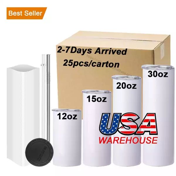 Sublimation-ready stainless steel tumblers in 12-30oz sizes with lids and straws for drinks