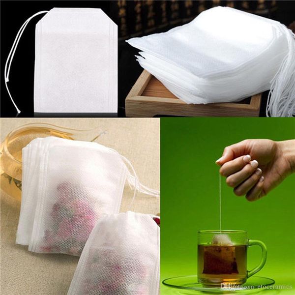 Tea bags measuring 5.5x7 cm, 8x10 cm, and 7x9 cm, featuring strings, heat seals, and filter paper for loose herbs and tea