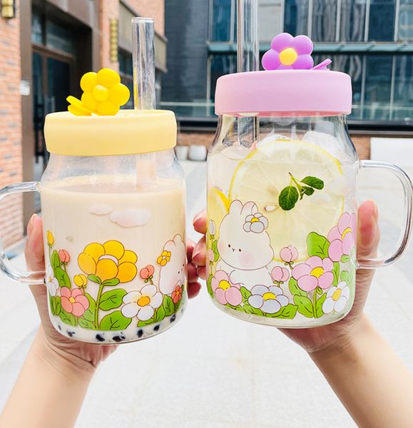 The latest 26oz floral and bunny glass straw coffee mug, various styles available, customizable with any logo