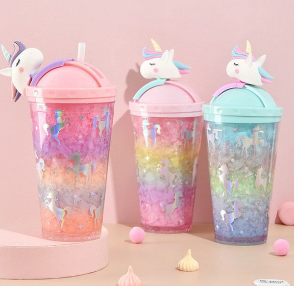 The newest 16-ounce unicorn-themed double-walled sliding straw tumblers for cold beverages