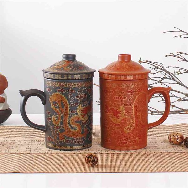 Traditional Chinese purple clay tea mug with lid, strainer, and handmade Yixing zisha teacup design, perfect as a gift or tumbler