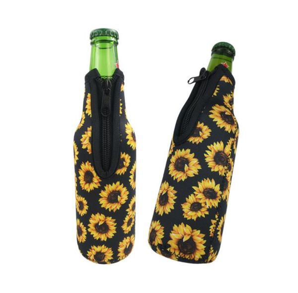 Universal neoprene beer bottle sleeves with sunflower design and zipper closure, 330ml capacity