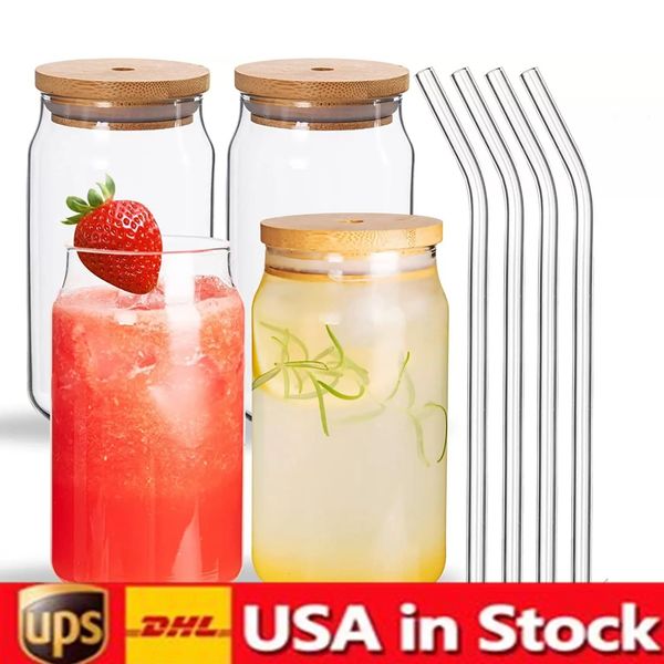 US CA Warehouse Sublimation Water Bottles: 12oz & 16oz Glass Tumblers with Bamboo Lids, Reusable Straws, and Frosted/Transparent Options for Beer Mugs & Cups