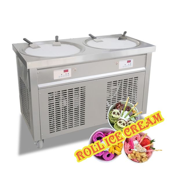 US EU free shipping to your door for 55cm kitchen double pans and ice cream roll machine with refrigerant