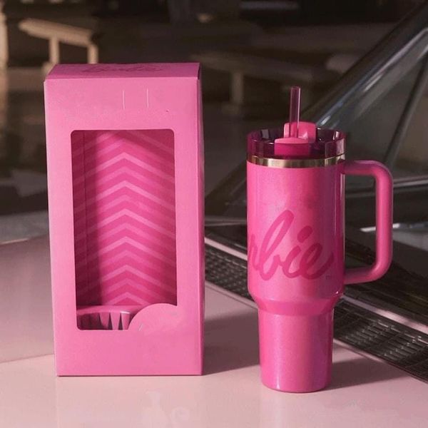 US STOCK 1PC Hot Pink Barbe Tumblers Floral Black Chroma H2.0 40oz Cups Blue Magnolia Rose Travel Car mugs Cobrand Bow Water Bottles Valenti