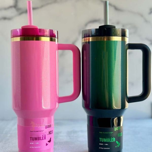 US stock 40oz blue stainless steel tumblers with bow caps in Magnolia pink, rose lilac and purple stars designs