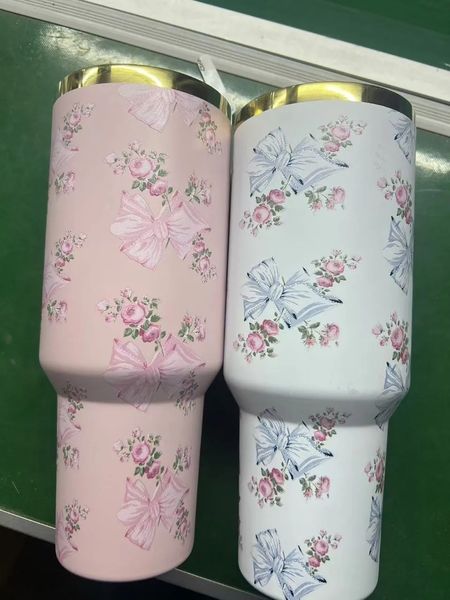 US stock of 40oz insulated stainless steel tumblers in Blue Magnolia, Cosmo Pink, Target Red, and Chocola colors with double-wall vacuum sealing