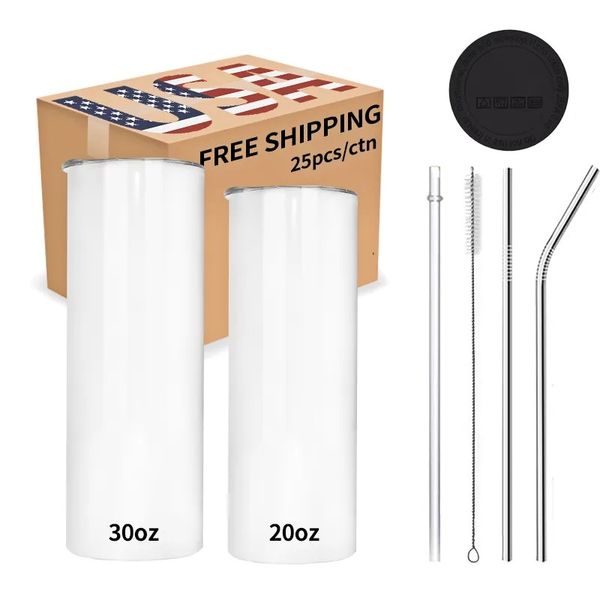 US stock Sublimation Water Bottles stainless steel skinny double wall insulated straight white 20oz sublimation enamel mug tumbler