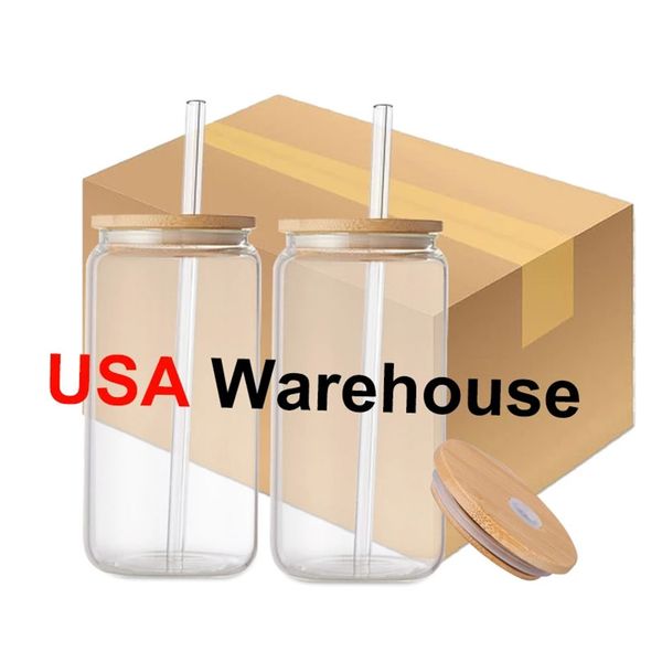 USA/CA Warehouse offers 16oz and 20oz clear frosted sublimation tumblers shaped like soda cans with bamboo lids, perfect for beer, iced coffee, and other drinks