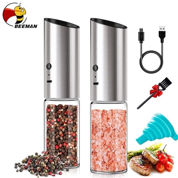 USB-rechargeable automatic spice mill with adjustable grind settings for salt and pepper