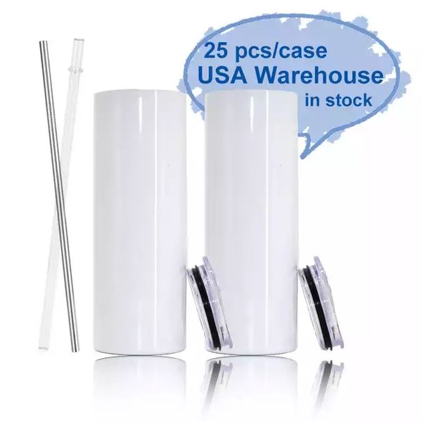 US-made 20oz slim straight white tumblers for fast shipping, ideal for DIY sublimation drinkware