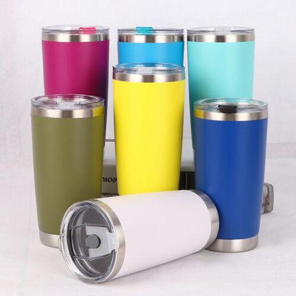 Vacuum-insulated stainless steel travel mug with double-wall design, available in 8 colors for coffee or water