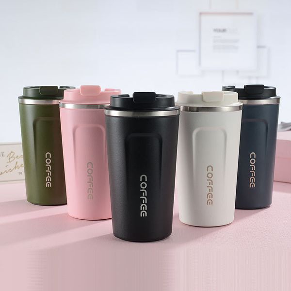 Vacuum-insulated stainless steel travel mug with spill-proof lid for hot and cold drinks