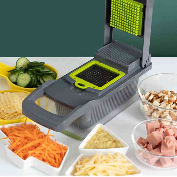 Vegetable cutter with 6 dicing blades for slicing, shredding, and grating fruits, potatoes, cheese, and other kitchen ingredients