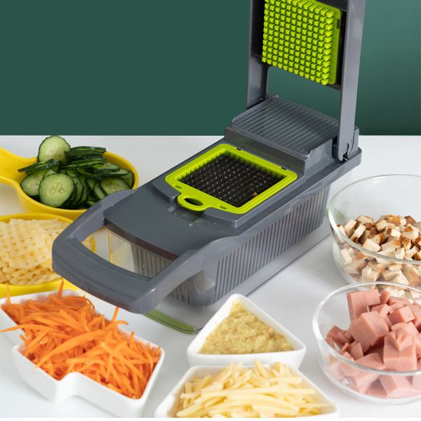 Vegetable cutter with 6 dicing blades, slicer, mandoline, shredder, fruit peeler, potato and cheese grater, chopper kitchen tools