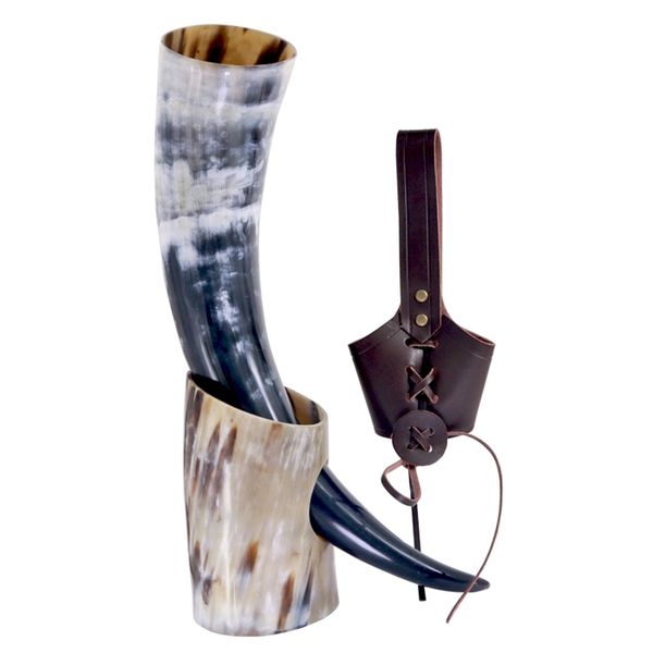 Viking-style drinking vessels crafted from ox horn, ideal for ale, beer, or wine